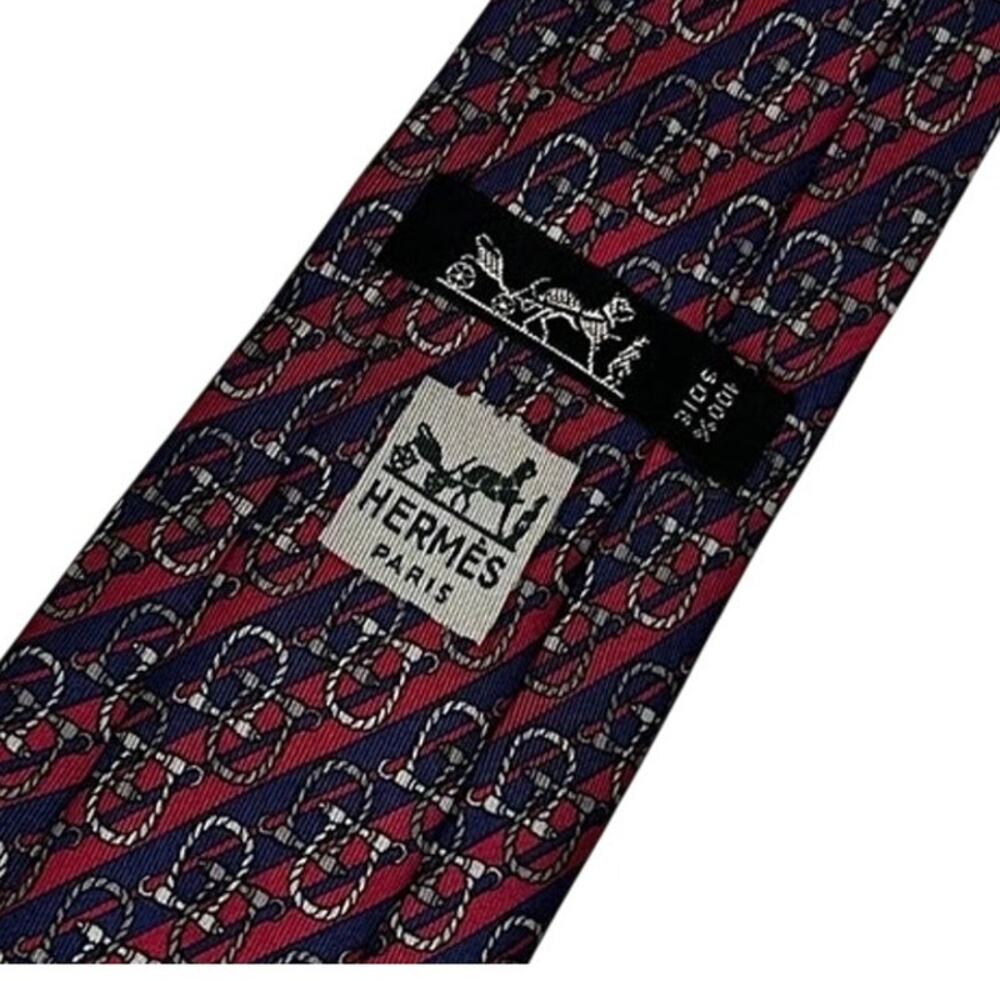 Hermes Men's Silk Navy Burgundy Red Equestrian Stirrup Made in France